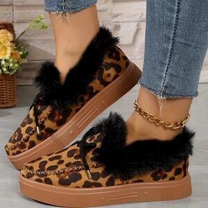 Leopard Print Fuzzy Faux Fur Lined Suede Sneakers